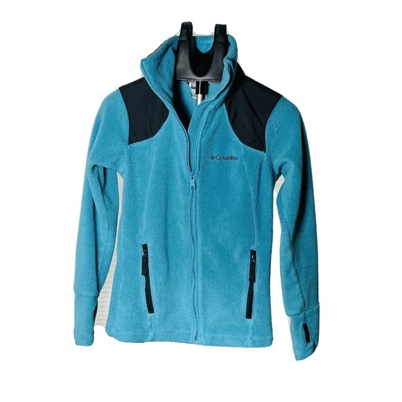 Columbia Womens Fleece Jacket Women’s Small Turquoise Zip Up Thumb Holes - Picture 2 of 9